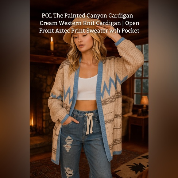 POL Cream Western Aztec Print Open Front Knit Cardigan Sweater with Pockets - Picture 4 of 10